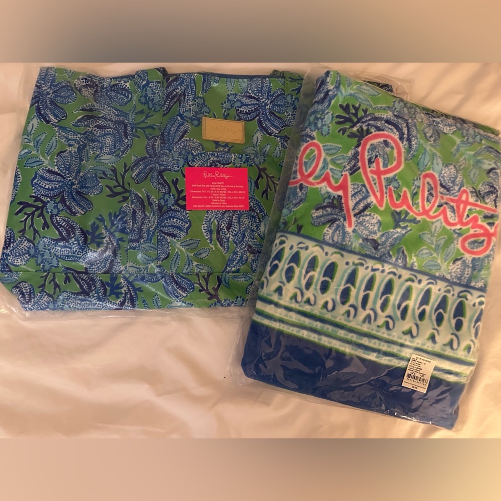 NWT LILLY PULITZER GWP BEACH TOWEL POOL TOTE POUCH CABANA GREEN KEEPIM IT REEL
